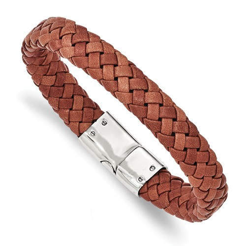 Stainless Steel Polished Woven Brown Leather Bracelet-mens bracelet-Maurice's Jewelers-