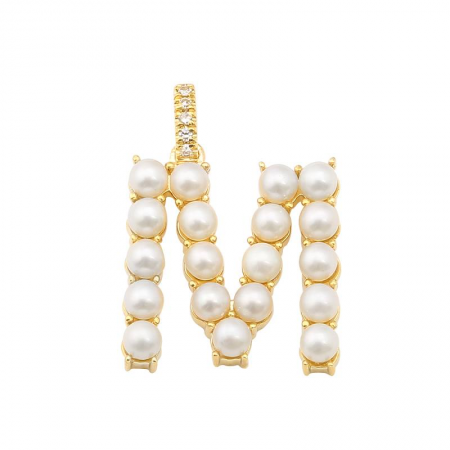 14k Yellow Gold Pearl Initial “M” With Diamond Bail Charm/Pendant-Charms & Pendants-superbell-