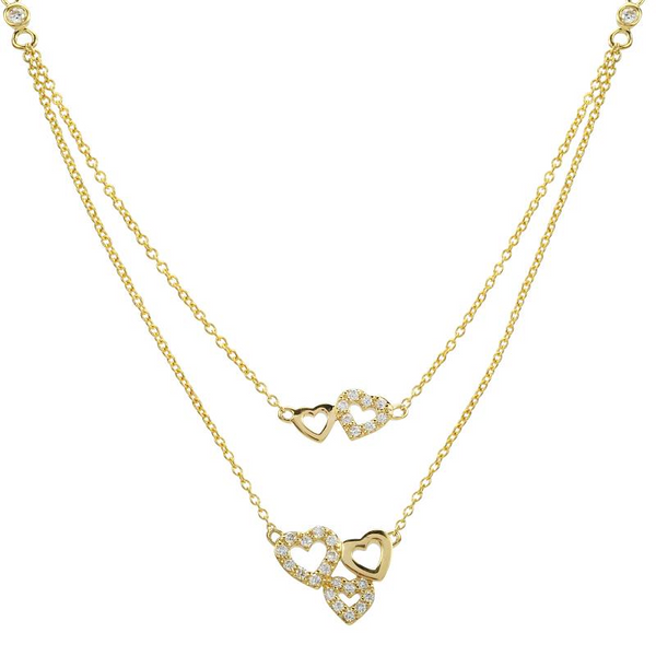 14K Yellow Diamond Heart Double Necklace