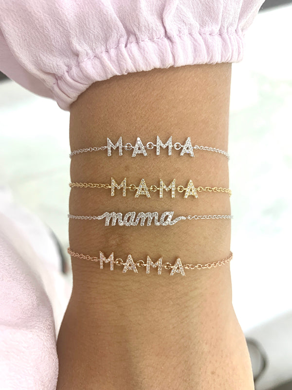 14K White Gold Diamond "Mama" Script Bracelet