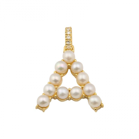 14k Yellow Gold Pearl Initial “A” With Diamond Bail Charm/Pendant-Charms & Pendants-superbell-