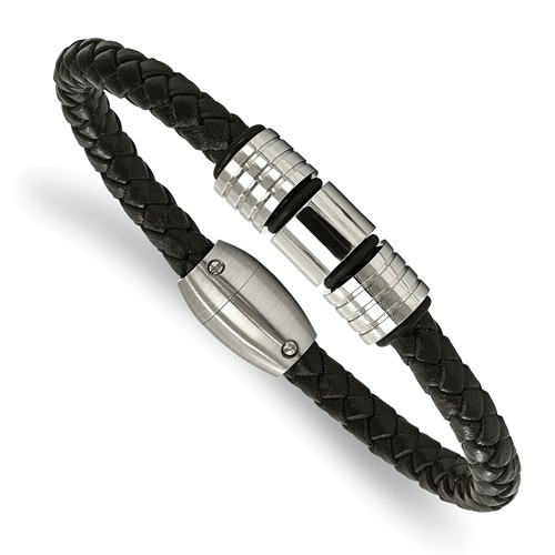 Stainless Steel Polished And Brushed Leather Bracelet