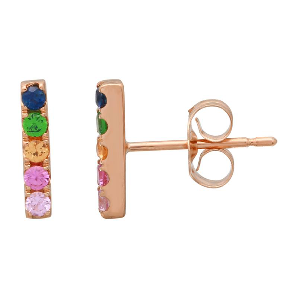 14K Yellow Gold Rainbow Multi-Sapphire Bar Earrings