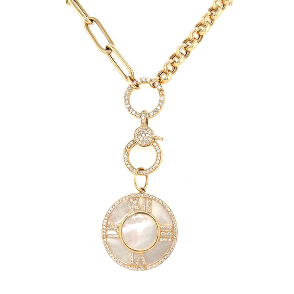 Yellow 14K Diamond Multi Chain Lobster Clasp Necklace with Mother of Pearl Clock Charm