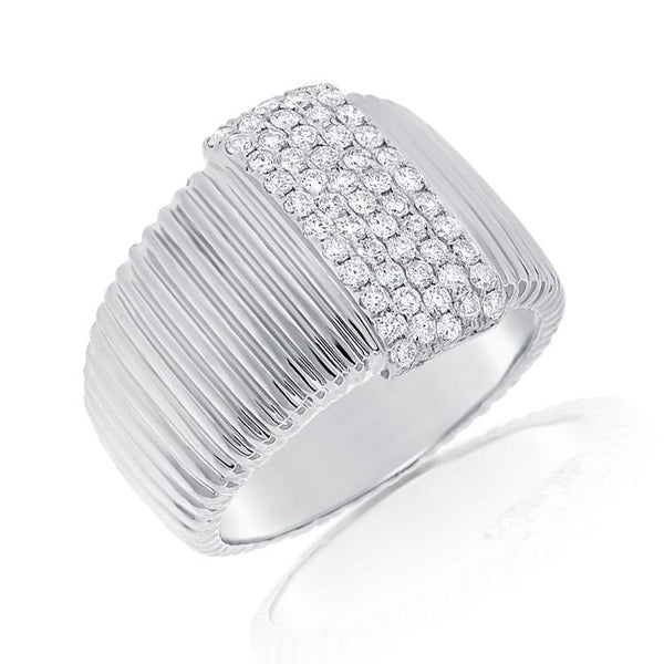 14K White Gold Pave Diamond Ribbed Ring