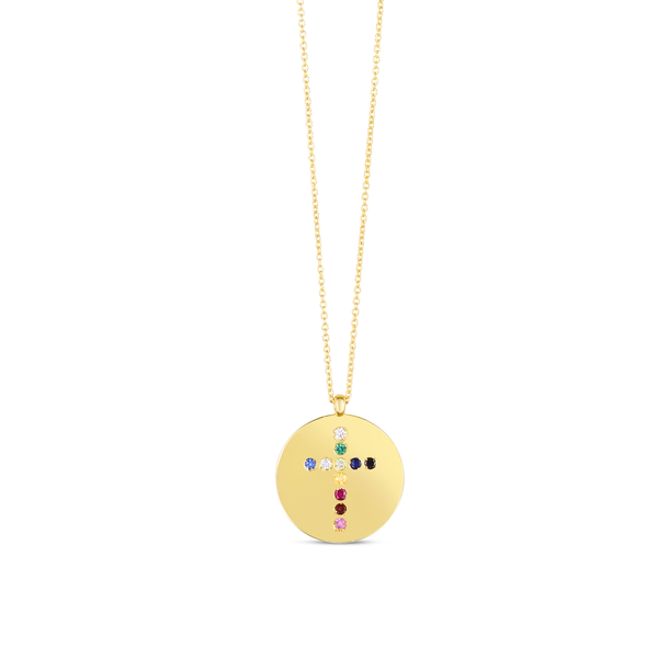14K Yellow Gold Gemstone Rainbow cross Medallion Necklace-Necklaces-MAURICE'S JEWELERS-