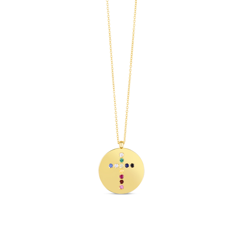 14K Yellow Gold Gemstone Rainbow cross Medallion Necklace-Necklaces-MAURICE'S JEWELERS-