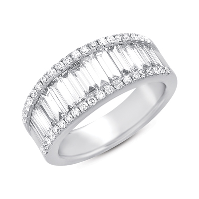 14K White Gold Round and Baguette Diamond Band