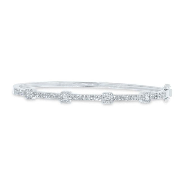 14K White Gold Round and Baguette Diamond Bangle