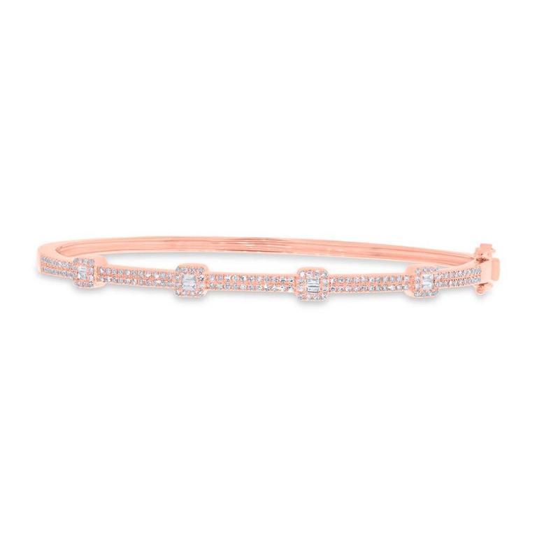 14K Rose Gold Round and Baguette Diamond Bangle