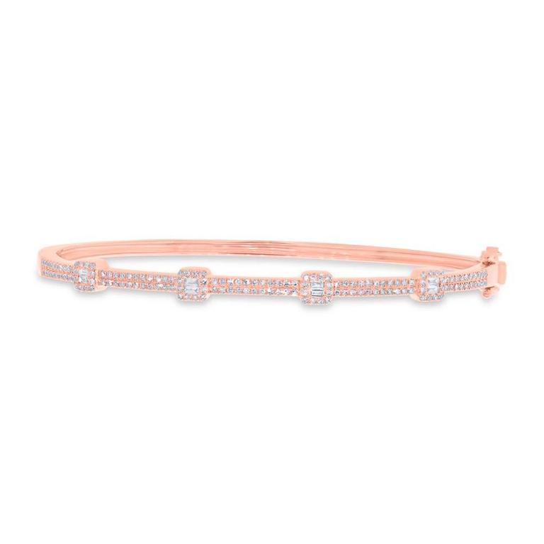 14K Rose Gold Round and Baguette Diamond Bangle