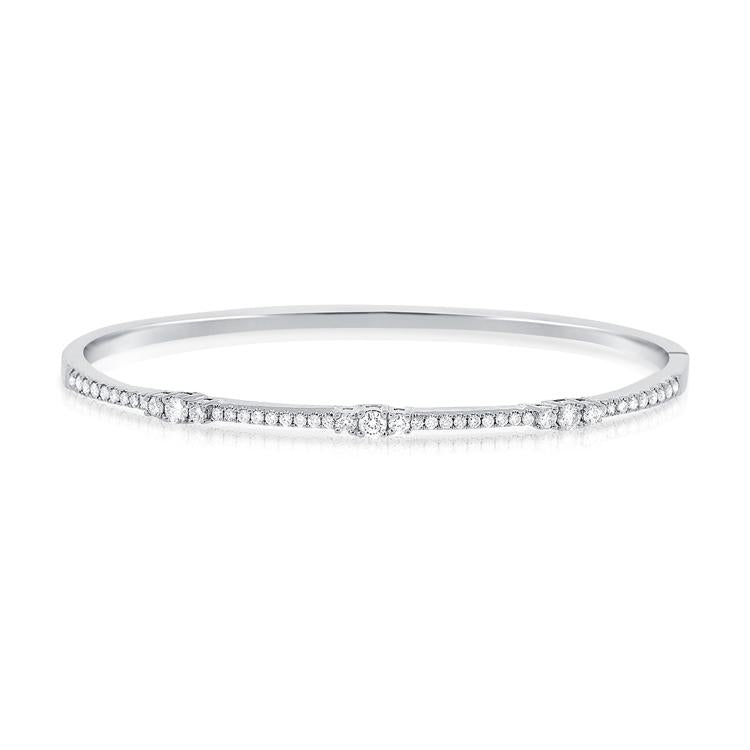 14K White Gold Round and Baguette Diamond Bangle