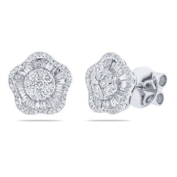 14K White Gold Round and Baguette Diamond Flower Earrings-earrings-Maurice's Jewelers-