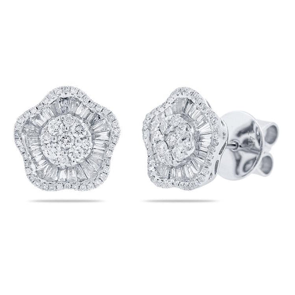 14K White Gold Round and Baguette Diamond Flower Earrings