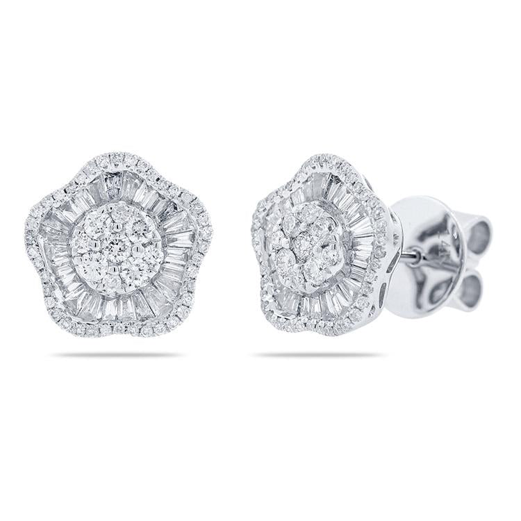 14K White Gold Round and Baguette Diamond Flower Earrings-earrings-Maurice's Jewelers-