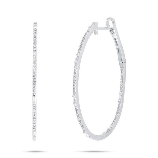 14K White Gold Round and Baguette Diamond Oval Hoop Earrings-Earrings-Maurice's Jewelers-