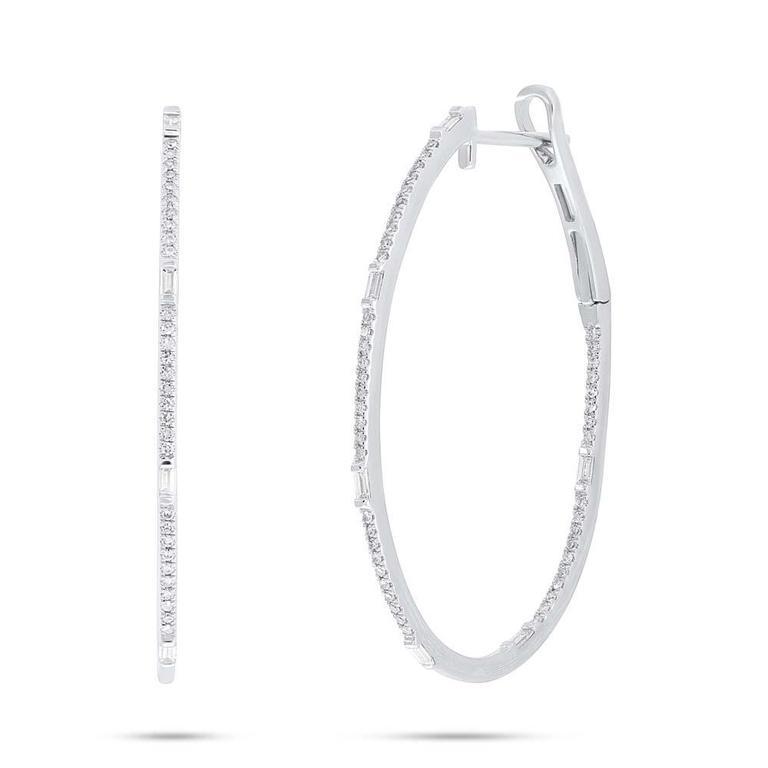 14K White Gold Round and Baguette Diamond Oval Hoop Earrings