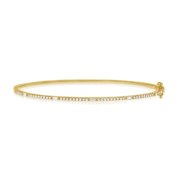 14K Yellow Gold Round and Baguette Diamond Hinged Bangle