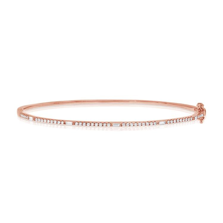 14K Rose Gold Round and Baguette Diamond Hinged Bangle