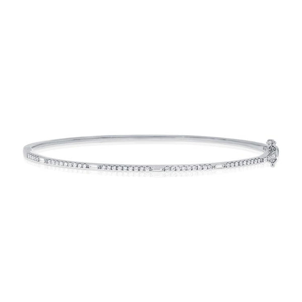 14K White Gold Round and Baguette Diamond Hinged Bangle