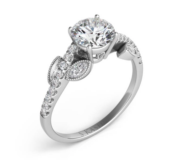 14K White Gold Round and Marquise Leaf Diamond Design Mounting