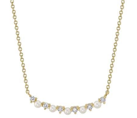 14K Yellow Diamond & Cultured Pearl Curved Bar Necklace