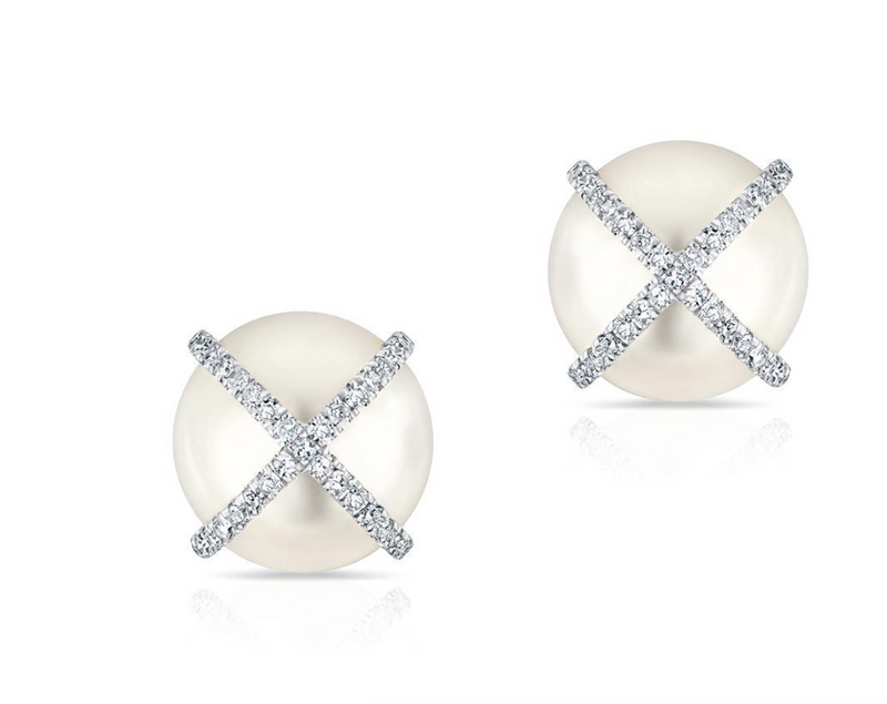 14K Rose Gold Diamond X + Pearl Earrings-EARRINGS-Maurice's Jewelers-WHITE GOLD-