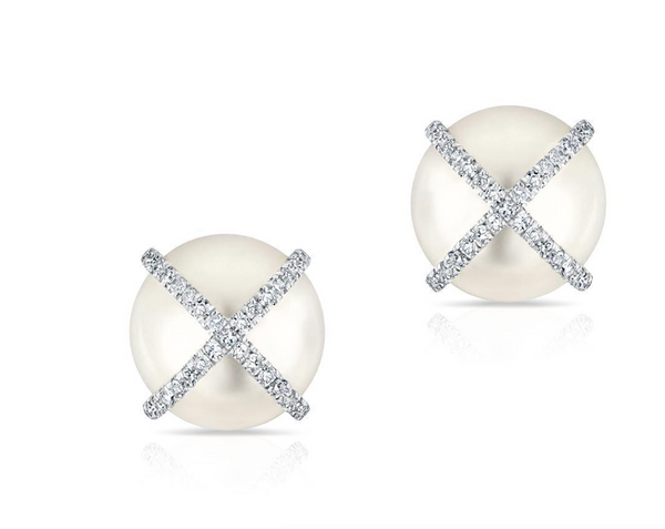 14K White Gold Diamond X + Pearl Earrings