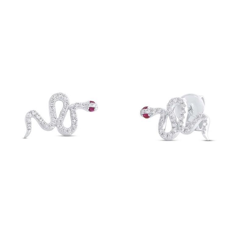 14K White Gold Snake Diamond + Ruby Stud Earring