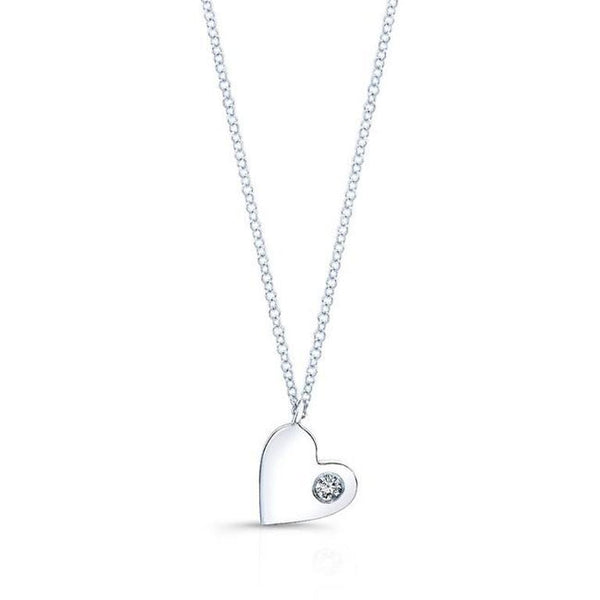 14K White Gold Solid Heart Pendant with Diamond-Necklaces-majolie-White Gold-