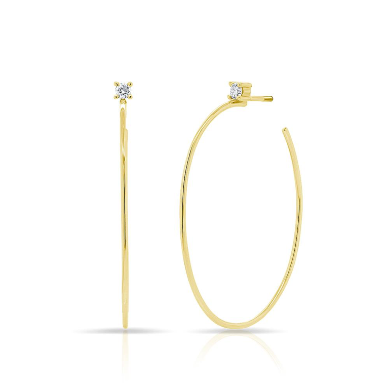 14K White Gold Solitaire Diamond Oval Hoop Earrings
