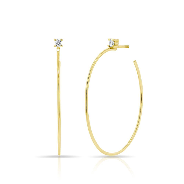 14K Yellow Gold Solitaire Diamond Oval Hoop Earrings