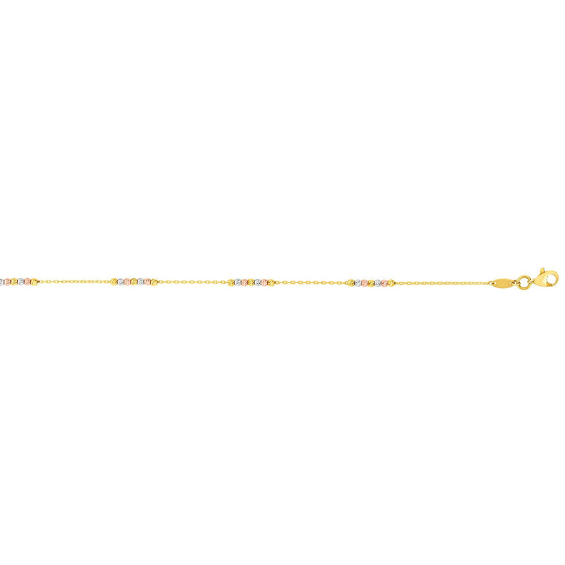 14k Gold 10" Rose+Yellow+White Diamond Cut Fancy Stationed Bead Anklet