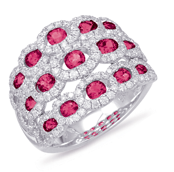 14K White Gold Triple Row Ruby Fashion Ring-Rings-S KASHI-