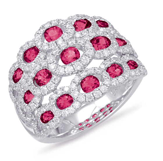 14K White Gold Triple Row Ruby Fashion Ring