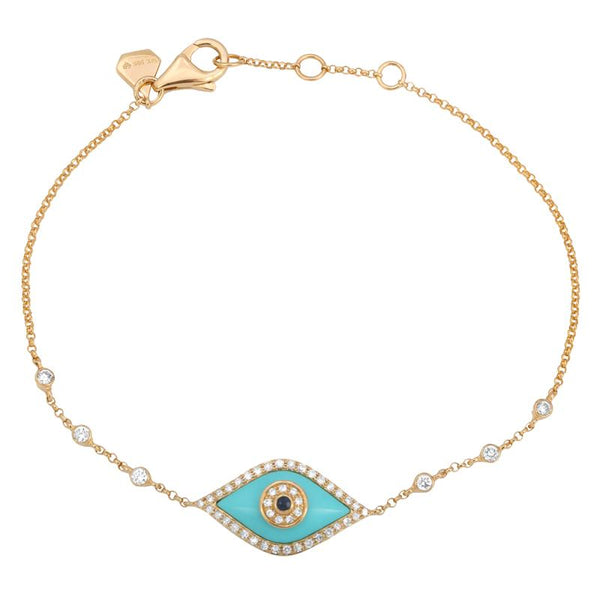 14K Yellow Gold Turquoise Evil Eye Blue Sapphire Gemstone Bracelet