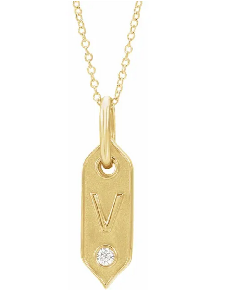 14K Yellow Initial Diamond Tag Necklace-Necklaces-Maurice's Jewelers-V-