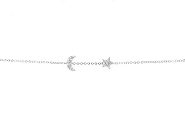 14K White Gold Diamond Star & Moon Bracelet